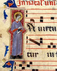 Pagina miniata di un corale raffigurante un santo (dettaglio)