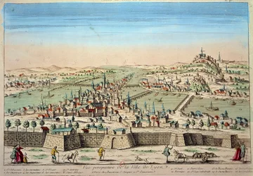 Veduta dettagliata della città di Lione sulle rive del Rodano e della Saona. Incisione del 17° secolo Parigi B.N.