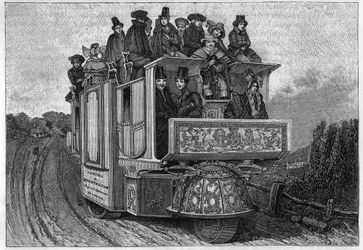 Automobile meccanica a tre ruote del dottor Ghurch costruita a Birmingham nel 1833. Incisione italiana del XIX secolo.