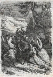 Doralice e Isabelle vogliono separare Mandricardo e Zerbin - incisione del 1851 da “Orlando Furioso”
