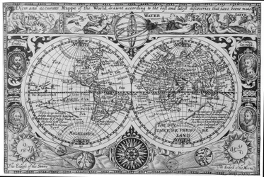 Mappa del mondo dei primi del XVII secolo, dopo Mercatore, con ritratti di esploratori (Drake, Magellano, Thomas Cavendish e Oliver van der Nort), gli elementi e le eclissi