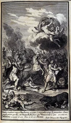 Enea, volendo vendicare Pandaro, è pronto a soccombere sotto il peso di una grande pietra che Diomede lancia. Mentre Venere vola in suo soccorso, Sthelenos afferra il suo carro e i cavalli. Illustrazione del libro V dell