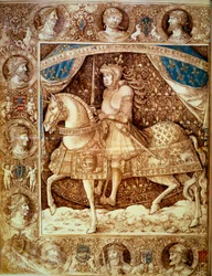 Ritratto equestre di Luigi XII (1462 - 1515), Re di Francia. Miniatura in "Cronache", Folio 1v, di Enguerrand de Monstrelet (1390? -1453), c.1510. Parigi BN