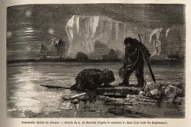 Cacciatori eschimesi che spiano una foca attraverso un buco nel pack, aspettando al calar della notte per arpionarla. Incisione per illustrare il viaggio al mare libero del polo artico, del Dottor Hayes, chirurgo della Marina degli Stati Uniti, nel 1860-18