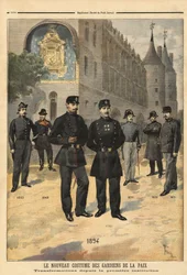 Evoluzione delle uniformi dei vigili urbani (o sergenti di città) dal 1860 al 1894, davanti alla torre dell