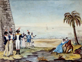 Esecuzione di un colono durante la rivolta a Santo Domingo (America Centrale, Antille) nel 1791. Incisione del 18° secolo