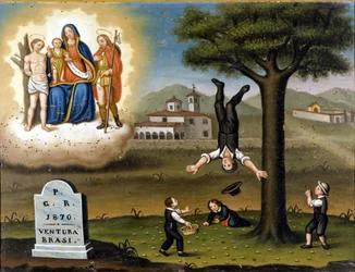 Caduta di un albero. In alto a sinistra la Madonna tra San Sebastiano e San Rocco. Ex voto del 1870