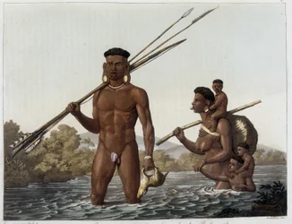 Famiglia di indiani Botocudos di ritorno dalla caccia e attraversando il fiume Rio Grande verso Belmonte in Paraguay. In "Il Costume Antico e Moderno" 1818-1820, di Ferrario