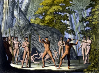 Lotta tra botocudos, indiani del Brasile - in "Il costume antico e moderno" di Ferrario, ed. Milano
