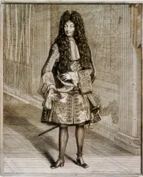 Ritratto a figura intera del re Luigi XIV, noto come il Re Sole (1638-1715). Incisione del XVIII secolo. Biblioteca Nazionale di Madrid.