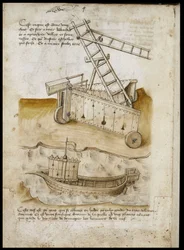 Avvicinamento alla fortezza e nave - Manoscritto: foglio di pergamena di un manuale di ingegneria per la costruzione di edifici civili, religiosi e militari, anonimo, fine XV secolo