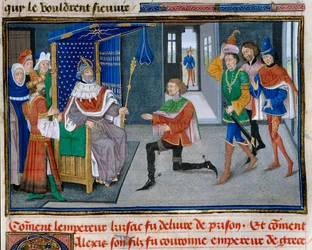 Quarta Crociata: rappresentazione di Alessio IV Angelo incoronato imperatore accanto a suo padre Isacco II dopo averlo liberato dalla prigione nel 1203