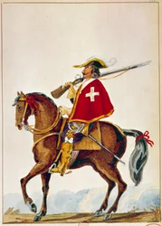 Armata francese: De Valmont, moschettiere della guardia del Cardinale Richelieu. Incisione del XVII secolo. Parigi, B N