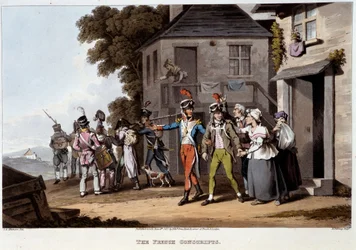 Coscritti francesi, circa 1814 - in "Aneddoti storici, militari e navali e incidenti accaduti alle armi della Gran Bretagna e dei loro alleati, terminando a Waterloo" di Edward Orne