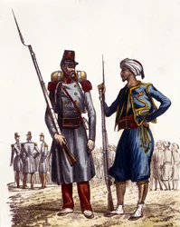 Uniforme militare francese: A sinistra, una legione straniera formata e inviata in Algeria nel 1831. A destra, cavalieri indigeni, addestrati e inviati in Algeria nel 1841. In 