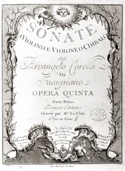 Frontespizio di 12 sonate per violino, basso e clavicembalo di Arcangelo Corelli (1653-1713). Versione francese