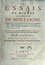 Frontespizio di "Les essais" dello scrittore e umanista francese Michel de Montaigne (1533-1592). 1725 Barcellona. Biblioteca de Catalunya