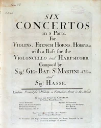 Frontespizio della partitura musicale Sei concerti in 8 parti di G B Sammartini e J A Hasse