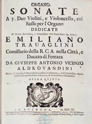 Frontespizio della partitura musicale di "Sonata a 2 violini, violoncello e organo, op. 5" di Giuseppe Aldrovandini