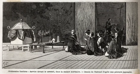 Cerimonie funebri: servizio religioso davanti alla bara, nella casa mortuaria. Incisione per illustrare il viaggio in Giappone nel 1863-1864, di Aime Humbert, ministro della Confederazione Svizzera, in "Le tour du monde, nouveau journal des voyages", pubbl
