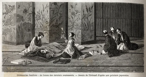 Cerimonie funebri: il monaco degli ultimi sacramenti. Incisione per illustrare il viaggio in Giappone nel 1863-1864, di Aime Humbert, ministro della Confederazione Svizzera, in "Le tour du monde, nouveau journal des voyages", pubblicato sotto la direzione 