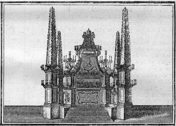 Funerale di un papa nel XVIII secolo: il catafalco del defunto papa. Incisione in "Histoire des religions"
