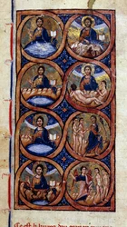 Genesi: rappresentazione delle diverse fasi della creazione del mondo (cosmogonia). Miniatura da un manoscritto Storia Universale XIII secolo