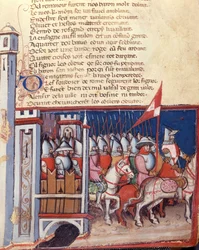 Canzone di gesta: un esercito di uomini a cavallo che lascia un castello. Miniatura dal manoscritto franco-italiano Entree d