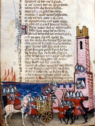 Canzone di gesta: scena di battaglia presso una città fortificata. Le truppe di Carlo Magno (742-814) combatterono contro i Mori di Spagna. Miniatura tratta dal manoscritto franco-italiano «Entrée d