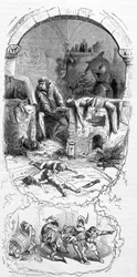 Gilles de Rais (Retz o Rays) (1404-1440) in situazione: i maghi, per le loro operazioni magiche, compravano bambini nati morti (XV secolo) - incisione, n.d.