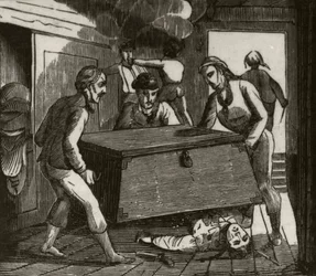 Gordon e i suoi compagni che schiacciano a morte il capitano francese con un grande baule, c.1836