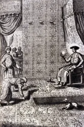 Gran Mogol (probabilmente Aurangzeb (1618-1707), noto anche come Alamgir): la Sala del Trono. "De China Monumenta" di Athanasius Kircher (1601 - 1680), gesuita, orientalista e studioso tedesco, Amsterdam 1667.