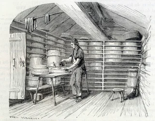 Negozio di formaggi Gruyère in uno chalet svizzero (lavaggio della crosta) - in "Le meraviglie dell