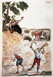 Raccolti, indiani del Perù che lavorano nei campi. Acquerello del XVIII secolo. Madrid. Biblioteca del Palazzo Reale