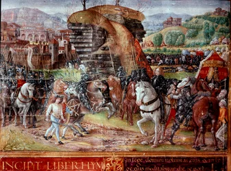 Cavalieri ebrei guidati da Davide camminano sui Filistei Miniatura dal manoscritto Ms. Plut. 15/17, f. 3 "Incipit Liber Hymnorum" XV secolo Firenze, Biblioteca Laurenziana