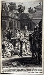 Ettore, che venne a Troia mentre i Greci e i Troiani erano in battaglia, fu afflitto dal dolore di Andromaca e dal pianto di suo figlio, che baciò teneramente prima di tornare in battaglia. Illustrazione del libro VI dell