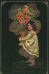Storica cartolina di auguri con un bambino e una grande pianta in vaso, rosa