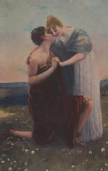 Storica cartolina di auguri con motivo storico, donna e guerriero del Medioevo