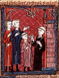 Storia del Diritto Canonico: "Due genitori che portano il loro figlio in un monastero" Miniatura tratta dal "Decreto di Graziano" ("Concordia discordantium canonum" o "Decretum Gratiani") datato 1140 e che regola le leggi e i canoni della Chiesa Cattolica 