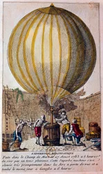 Storia dei palloni aerostatici: esperimento aerostatico effettuato al Campo di Marte a Parigi il 27/08/1783: il pallone viene riempito di idrogeno da Jacques Charles (1746-1823). Incisione del XVIII secolo, Parigi, B.N.