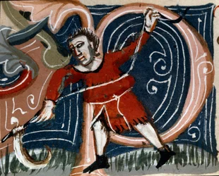 Orticoltura: falciatura delle erbe. (dettaglio) Pagina di manoscritto (MS.s.vi) Trattato di agraria di Pietro de Crescenzi (1233-1320) XIV secolo Cesena, Biblioteca Malatestiana