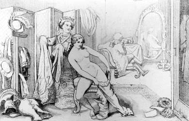 Illustrazione raffigurante Casanova e una donna nuda - in "Storia della mia vita" di Casanova. Bruxelles 1872