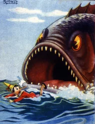 Illustrazione della fiaba Pinocchio di Carlo Collodi. Un enorme pesce sta per mangiare Pinocchio.