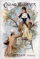 Illustrazione pubblicitaria per il cacao Blooker che rappresenta un giovane alla moda del XVIII secolo che aiuta una giovane donna a scendere da una scala.