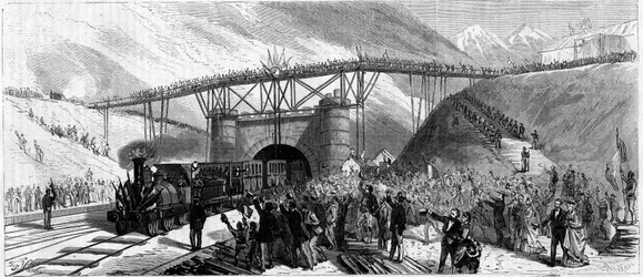 Inaugurazione del tunnel del Monte Cenisio nel 1871. Arrivo del treno a Bardonecchia