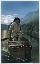 Indiani in canoa in una notte di luna piena - in "Exploration of the Labrador Peninsula", di Hind