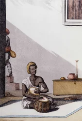 Cultura e civiltà indiana: musicista che suona le tablas, strumento musicale tradizionale, India. Incisione del 1808