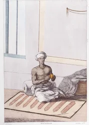 Cultura, civiltà e società indiana: musicista con percussioni tradizionali indiane. Incisione del 1808