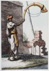 Cultura, civiltà e società indiana: musicista con strumento a fiato tradizionale indiano (Sournae). Incisione del 1808