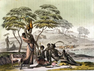 Indiano del Botswana (Bechuanaland). Incisione in "Il costume antico e moderno" di Jules Ferrario